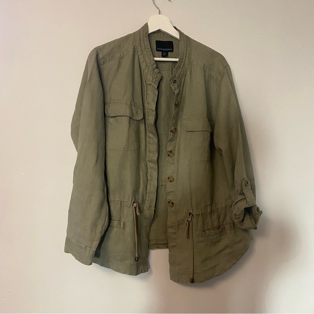 Cynthia Rowley Womens Size Large Army Green 100% Linen Drawstring Waist Jacket